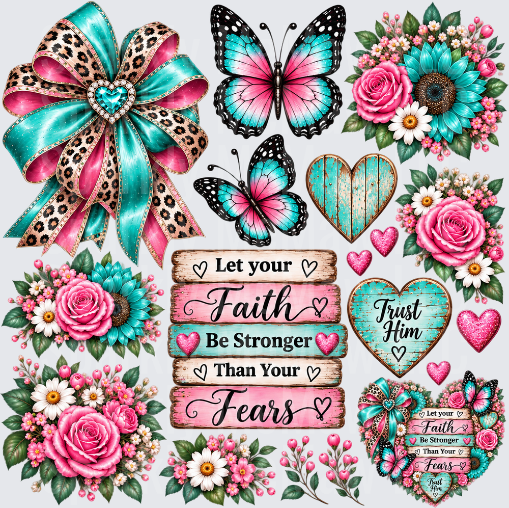 Pink Teal Faith Floral Bundle this is a 10 inch cut and stick UV Decal Sheet