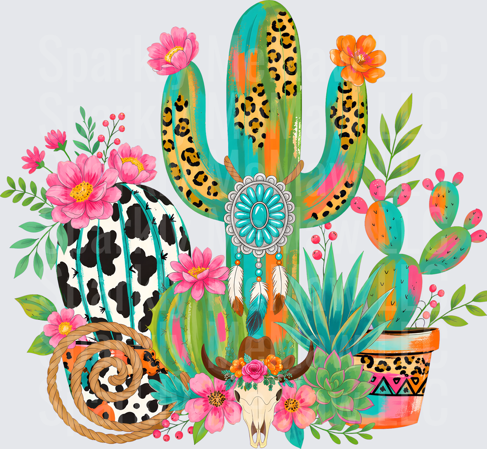 Boho Western Cactus Bull Skull DTF Transfer