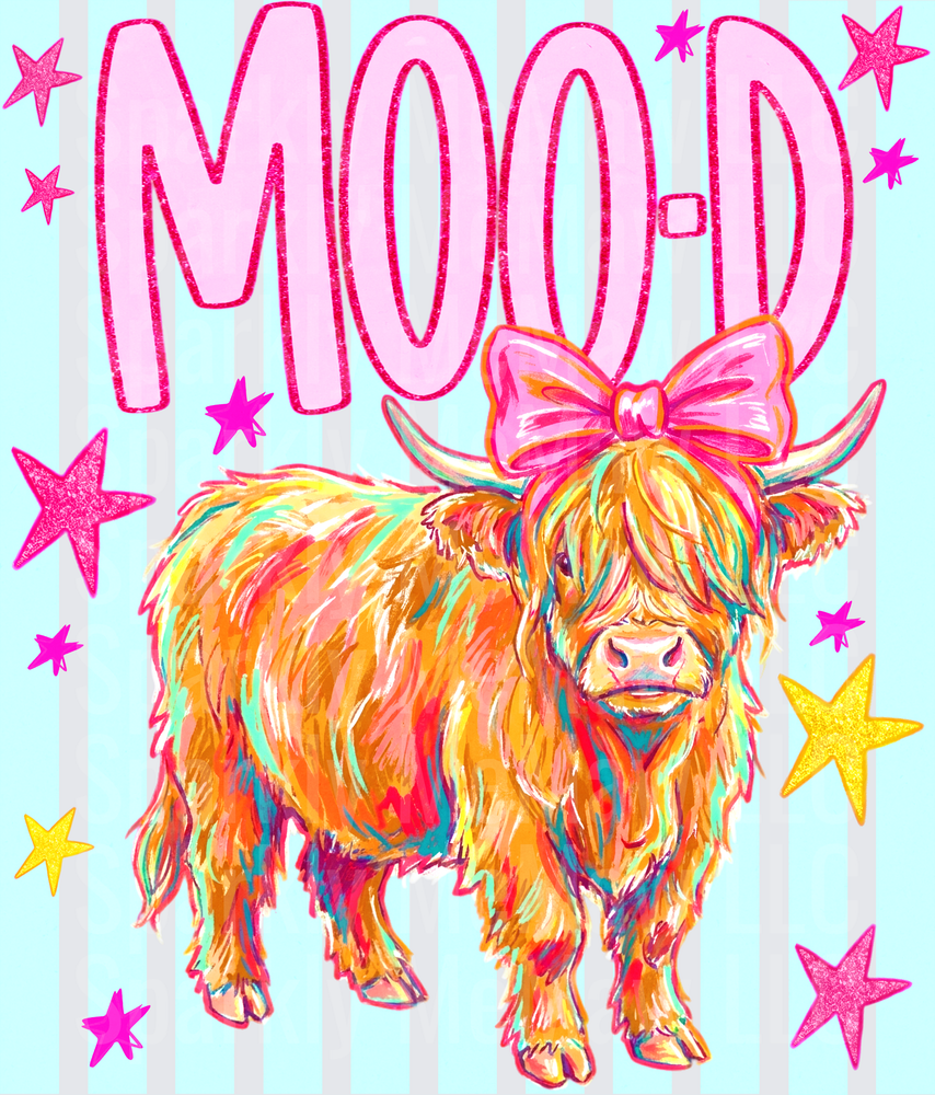Colorful Highland Cow With Pink Bow MOO-D Retro Preppy Stars Striped Background DTF Transfer for Fabrics