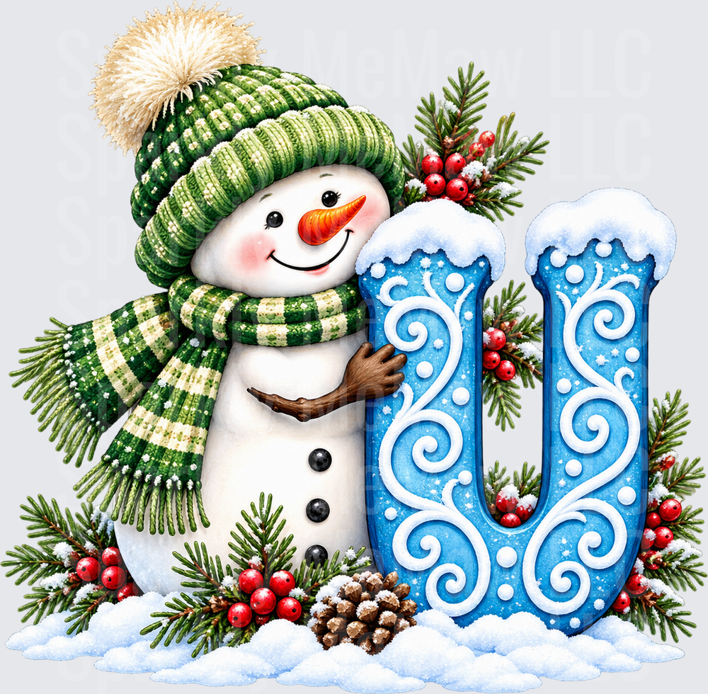 Snowman Letter U UV DTF DECAL (HARD SMOOTH SURFACE)