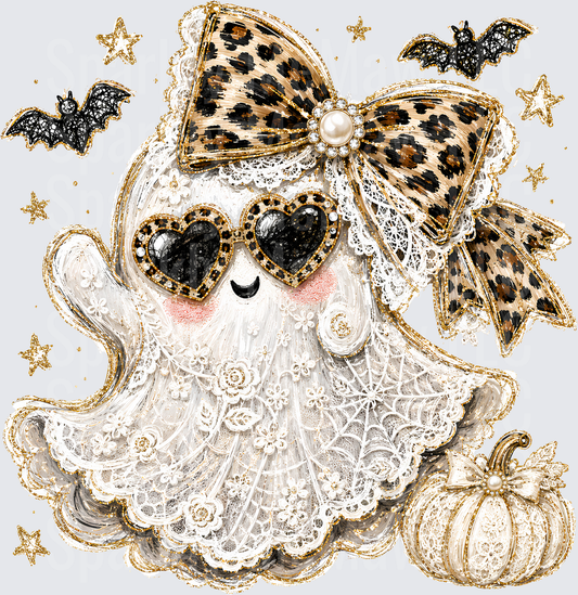 Glam Halloween Ghost with Leopard Print Bow Heart Sunglasses Lace and Gold Pumpkin DTF Transfer for Fabrics