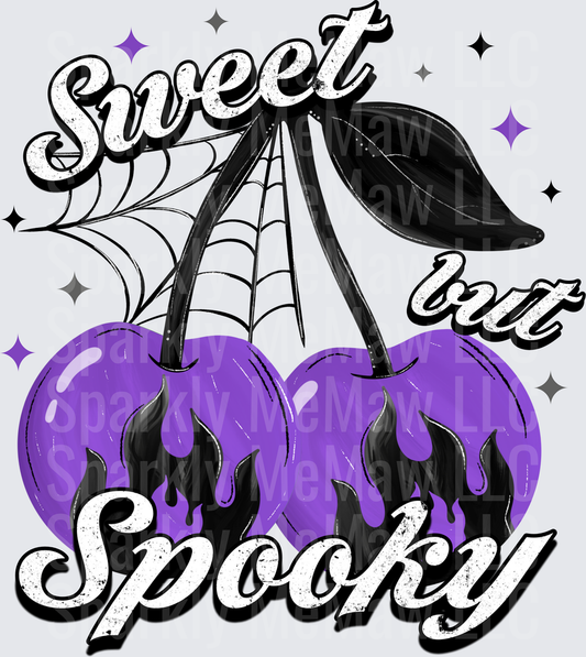 Sweet But Spooky Purple Gothic Cherries with Black Flames and Spider Web DTF Transfer for Fabrics