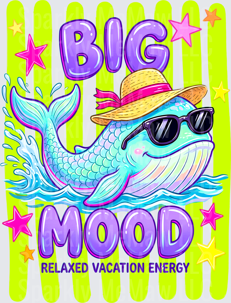 Big Mood Relaxed Vacation Energy Cute Whale Wearing Sunglasses and Straw Hat Summer DTF Transfer for Fabrics