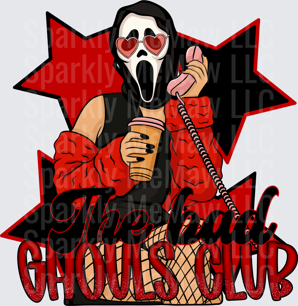 Ghostface Scream Killer The Bad Ghouls Club Heart Sunglasses Coffee Phone DTF Transfer for Fabric