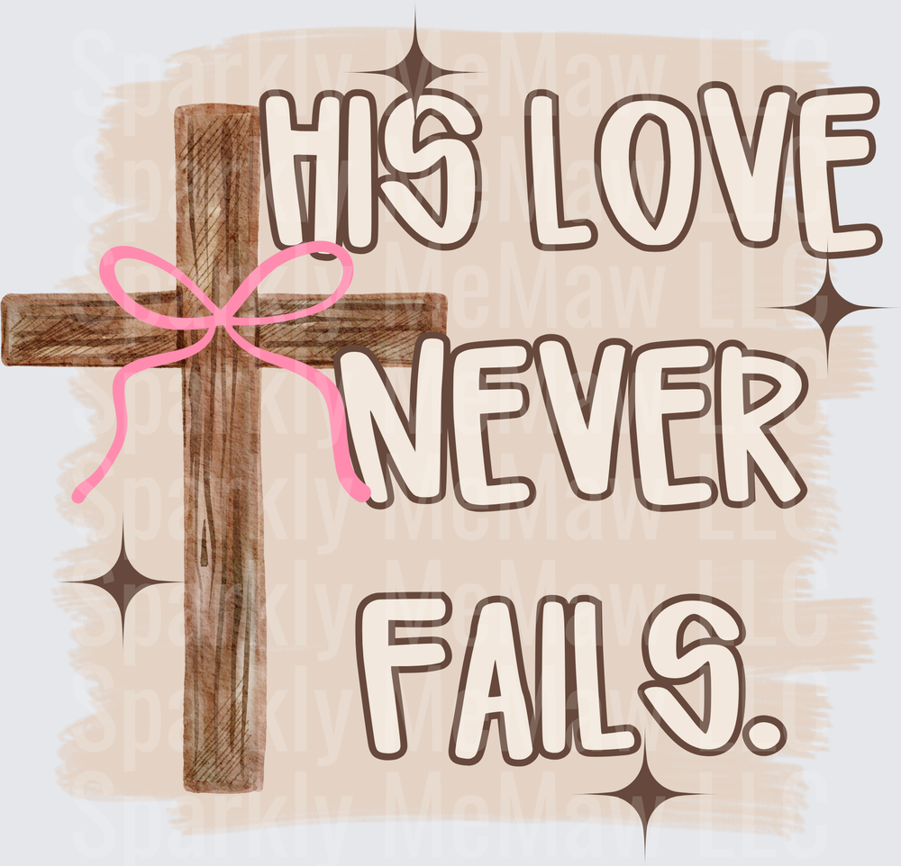 His Love Never Fails Wooden Cross with Pink Ribbon UV DTF Decal