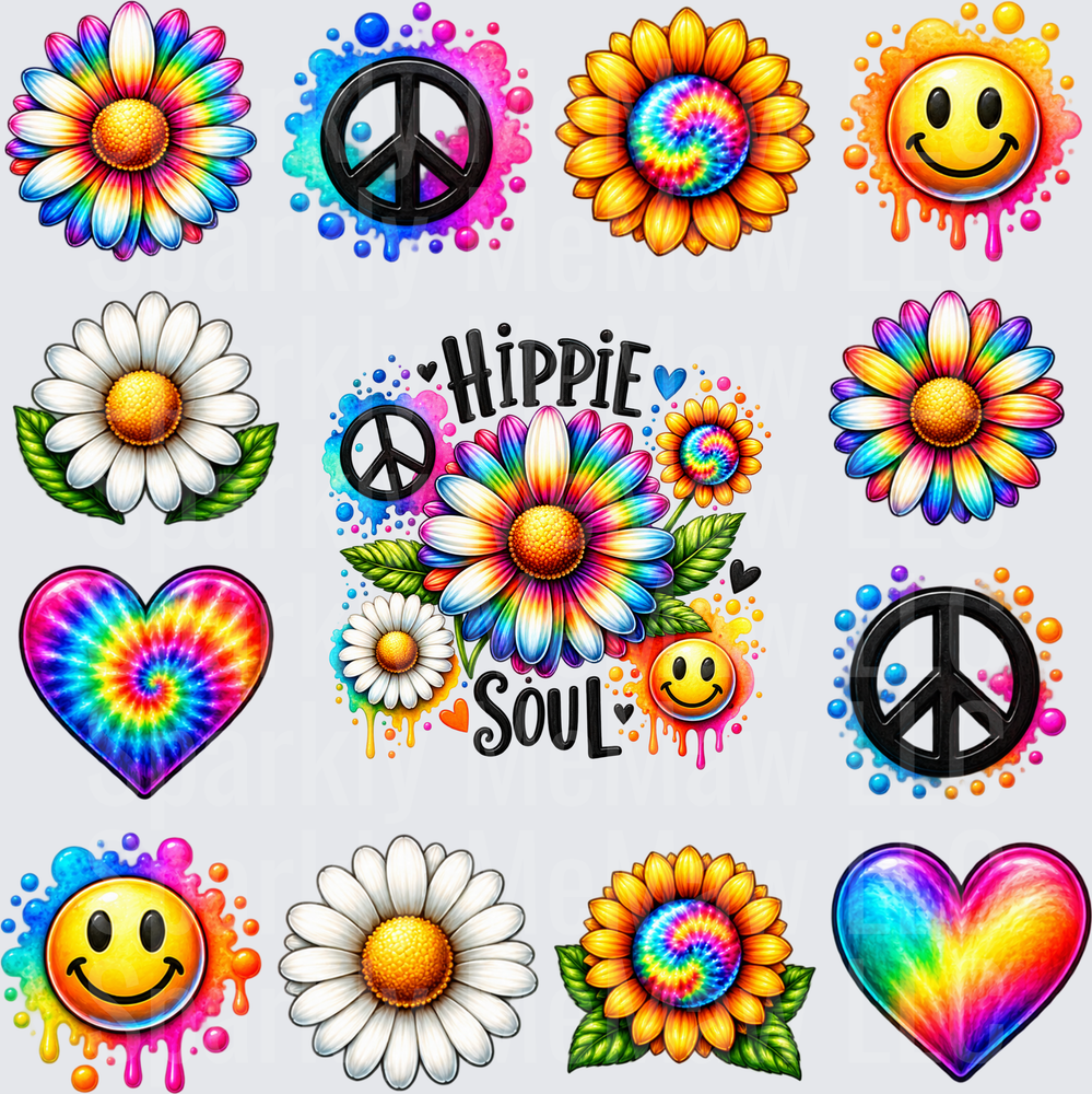 Hippie Soul Tie Dye Floral Bundle This is a 10X10 UV DTF Full Sheet