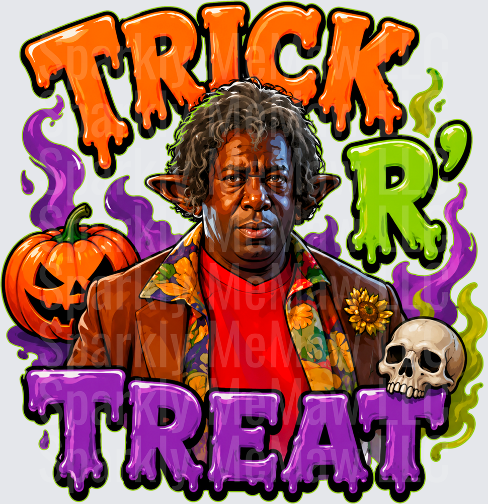 Trick R Treat Halloween Elf Ears Character with Jack-O-Lantern and Skull Spooky Drip UV DTF Decal