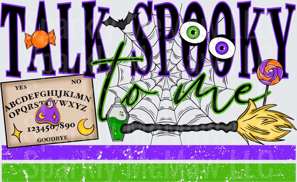 Talk Spooky To Me Halloween Design with Ouija Board Witch Elements and Spider Web Background UV DTF Decal