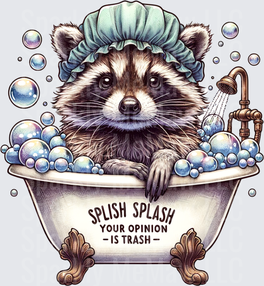 Raccoon in Bathtub with Shower Cap Splish Splash Your Opinion is Trash - This is a UV DTF Decal