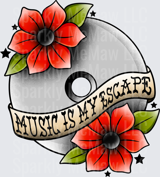 UV DTF Decal Music Is My Escape Vinyl Record Traditional Tattoo Style Red Flowers Banner
