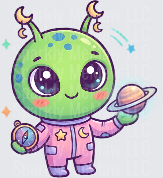 Cute Green Alien Astronaut with Planet and Compass UV DTF Decal