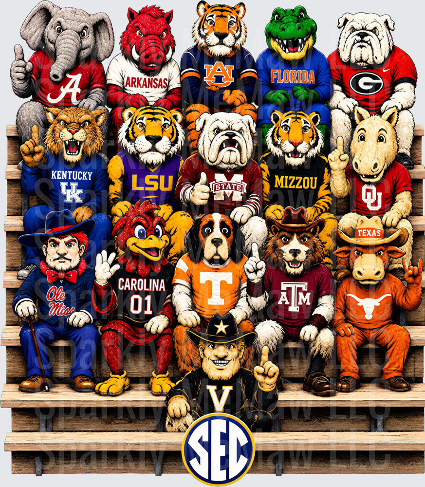 SEC Conference All Mascots Group Photo Alabama Arkansas Auburn Florida Georgia Kentucky LSU Mississippi State Mizzou Oklahoma Ole Miss South Carolina Tennessee Texas A&M Texas Vanderbilt Stadium Bleachers DTF Transfer for fabrics