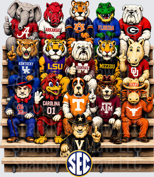 SEC Conference All Mascots Group Photo Alabama Arkansas Auburn Florida Georgia Kentucky LSU Mississippi State Mizzou Oklahoma Ole Miss South Carolina Tennessee Texas A&M Texas Vanderbilt Stadium Bleachers DTF Transfer for fabrics