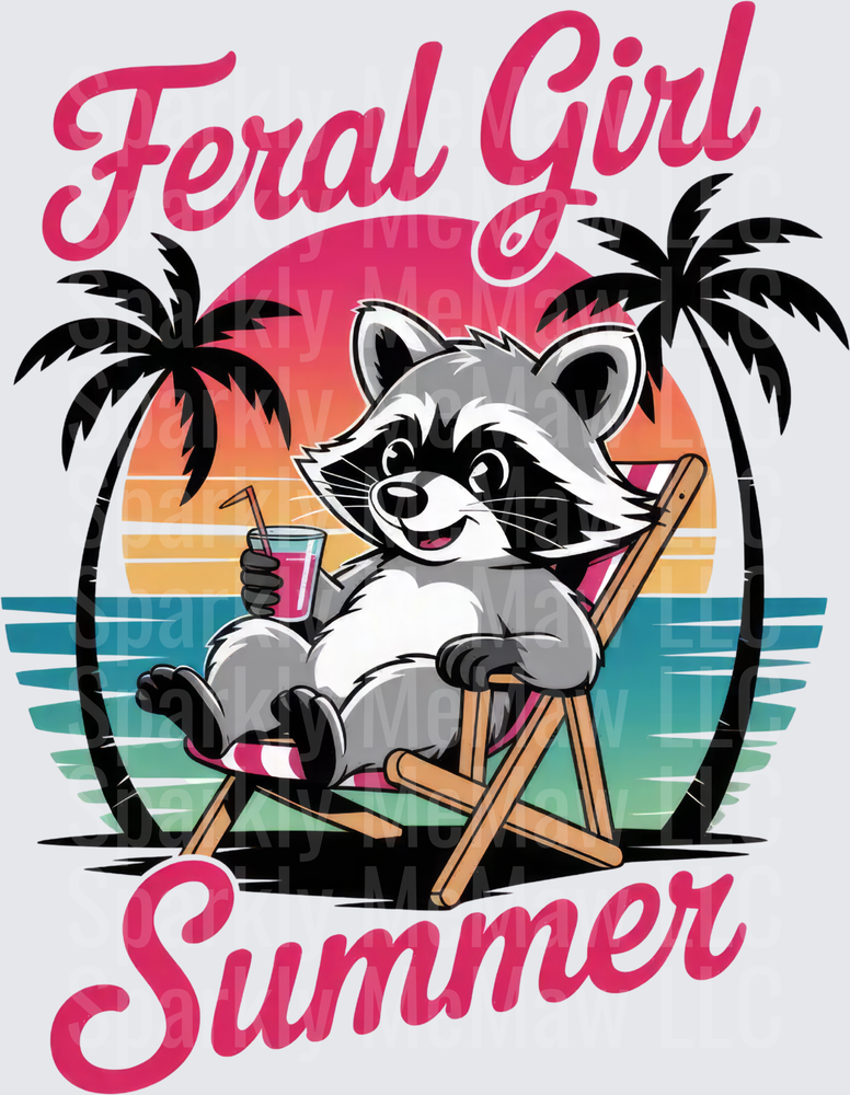 Feral Girl Summer Raccoon Beach Chair Tropical Sunset UV DTF Decal