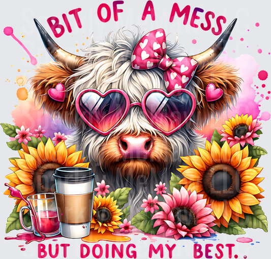 Bit of a Mess But Doing My Best Highland Cow with Coffee and Sunflowers UV DTF Decal
