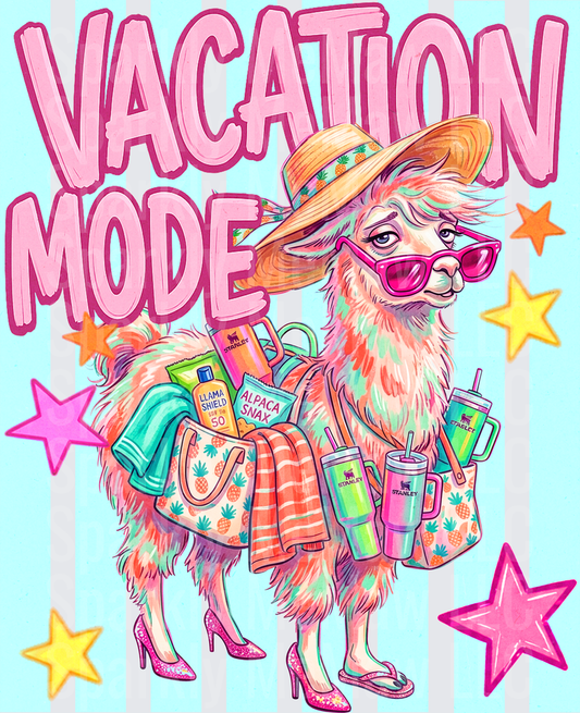 Vacation Mode Sassy Llama With Stanley Cups Beach Bag Sunglasses Straw Hat Summer DTF Transfer for fabrics