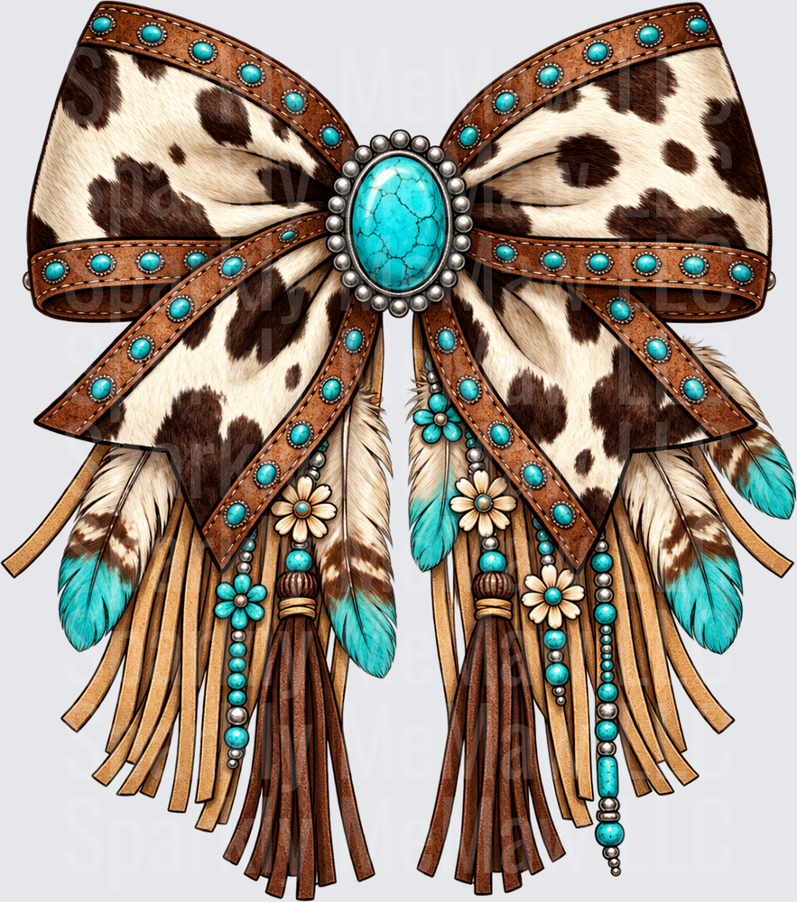 Cowhide Bow Turquoise Fringe DTF Transfer for Fabrics