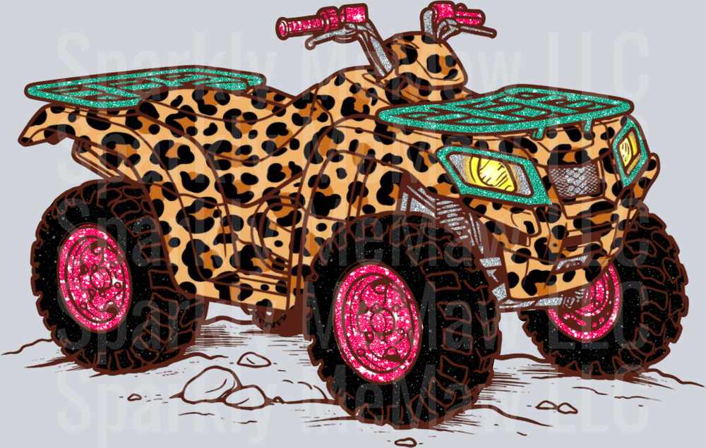 Leopard Print ATV Four Wheeler with Pink Glitter Wheels UV DTF Decal