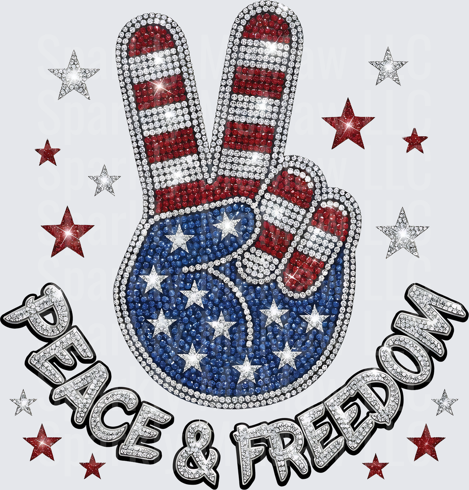 Peace and Freedom Rhinestone Hand Sign with American Flag Stars
