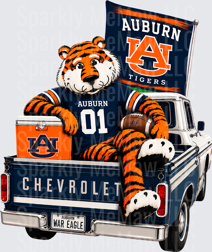 Aubie the Tiger Auburn Tigers Mascot Sitting in Vintage Chevrolet Truck Bed with AU Flag Cooler and Football War Eagle DTF Transfer for fabrics