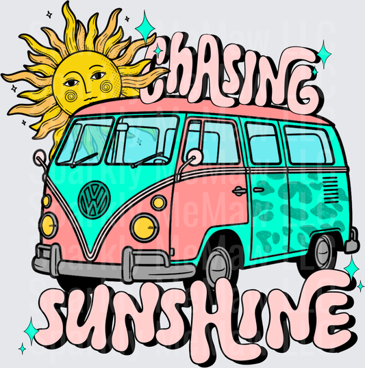 Retro VW Bus Chasing Sunshine Hippie Van with Smiling Sun UV DTF Decal