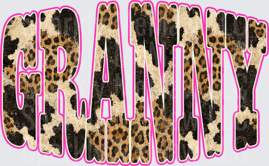 Granny Leopard Print Bold Text with Pink Outline DTF Transfer for Fabrics