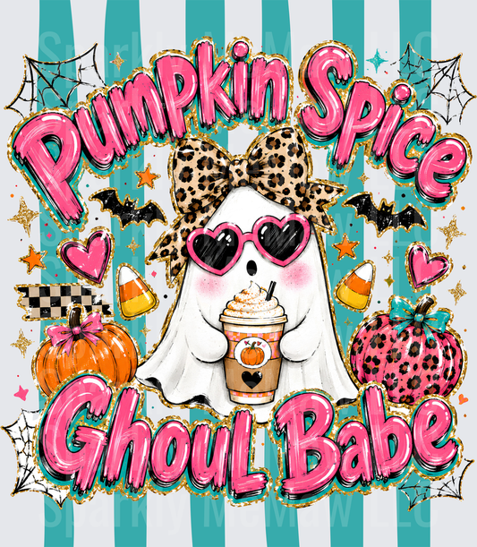 Pumpkin Spice Ghoul Babe Halloween Ghost with Leopard Bow Heart Sunglasses and Latte DTF Transfer for Fabrics