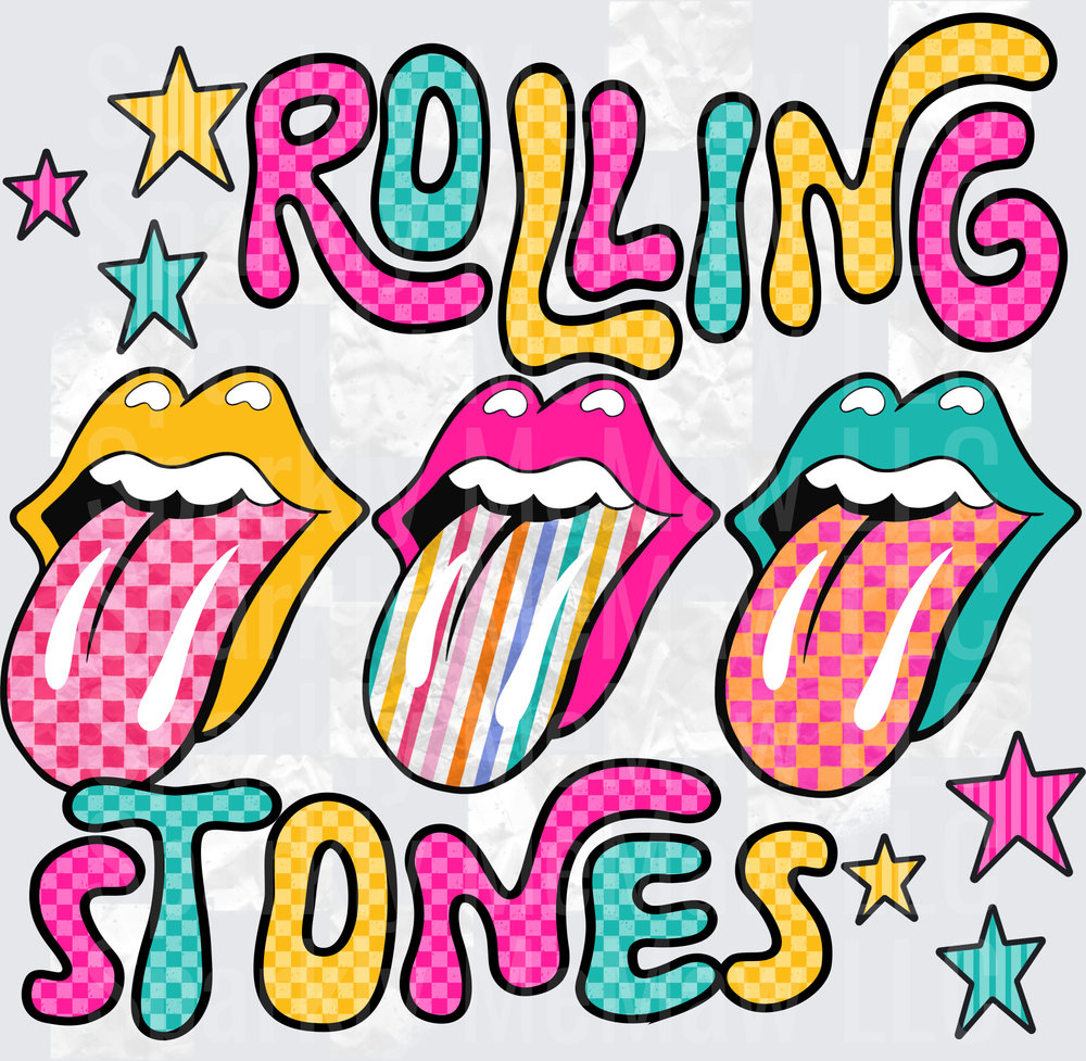 Rolling Stones Logo with Colorful Checkered Pattern and Stars UV DTF Decal