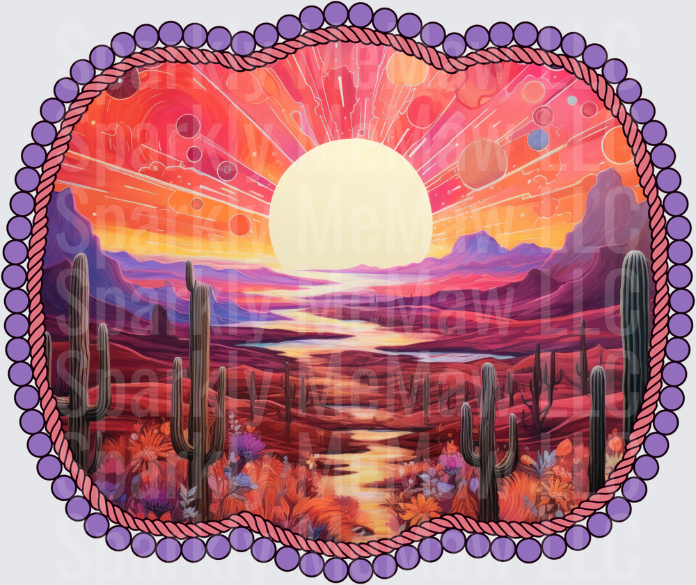 Desert Sunset with Saguaro Cacti and Purple Beaded Border UV DTF Decal