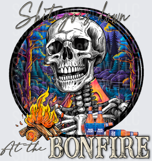 Shit Goes Down At The Bonfire Skeleton With Bud Light Beer Bottles Campfire Scene UV DTF Decal