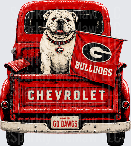 Georgia Bulldogs Mascot Bulldog in Vintage Red Chevrolet Truck Go Dawgs UV DTF Decal