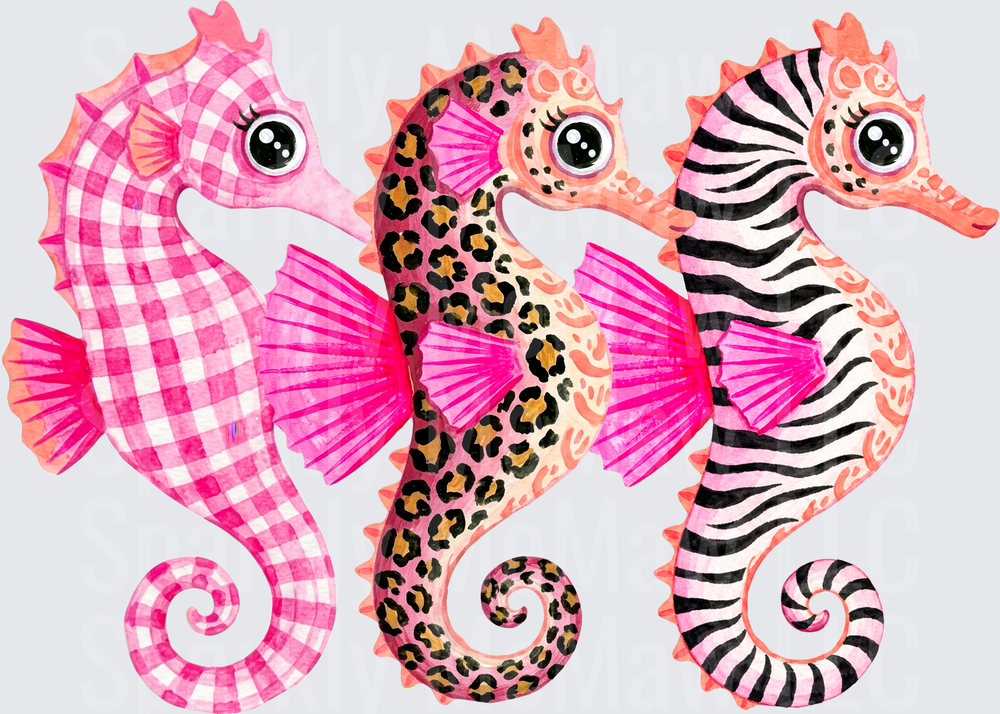 Three Cute Pink Patterned Seahorses Gingham Leopard Zebra Print Watercolor DTF Transfer for Fabrics