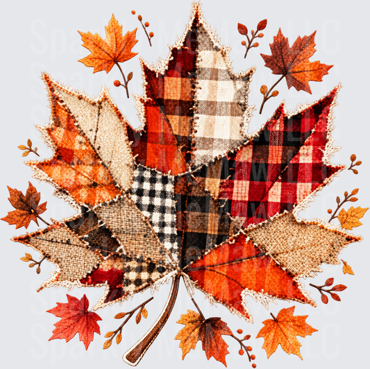 Patchwork Plaid Fall Maple Leaf DTF Transfer for Fabrics