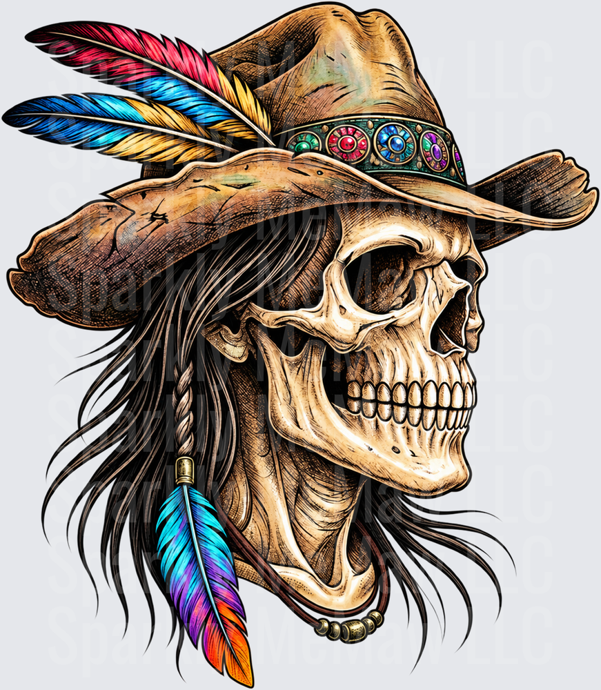 Boho Skull Cowboy Hat DTF Transfer for Fabrics