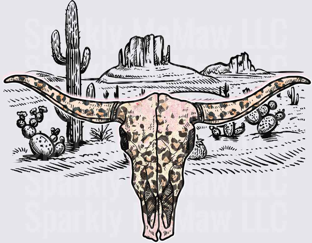 Leopard Print Longhorn Skull Desert Southwest Scene UV DTF Decal with Saguaro Cactus and Mesa Rock Formation