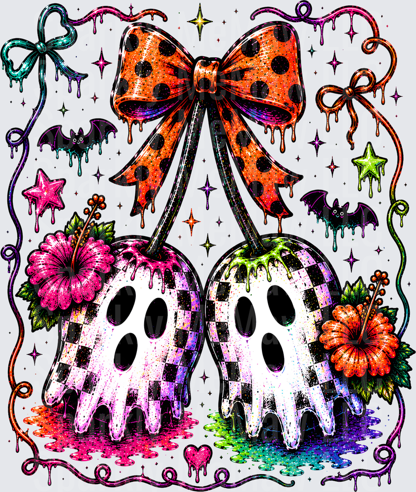 Spooky Cute Checkered Skulls with Orange Polka Dot Bow and Tropical Hibiscus Flowers DTF Transfer for Fabric