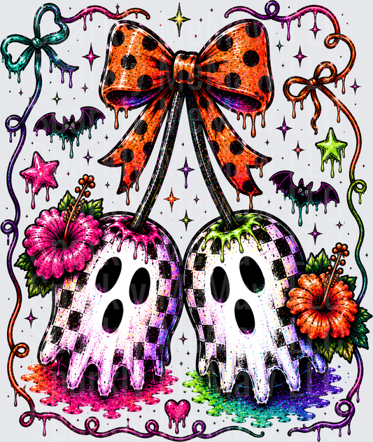 Spooky Cute Checkered Skulls with Orange Polka Dot Bow and Tropical Hibiscus Flowers DTF Transfer for Fabric