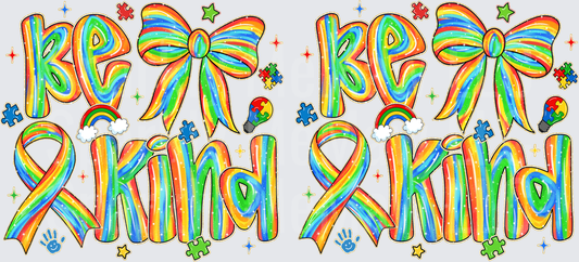 Be Kind Rainbow Autism Awareness Ribbon and Bow Design UV DTF 16 oz Wrap