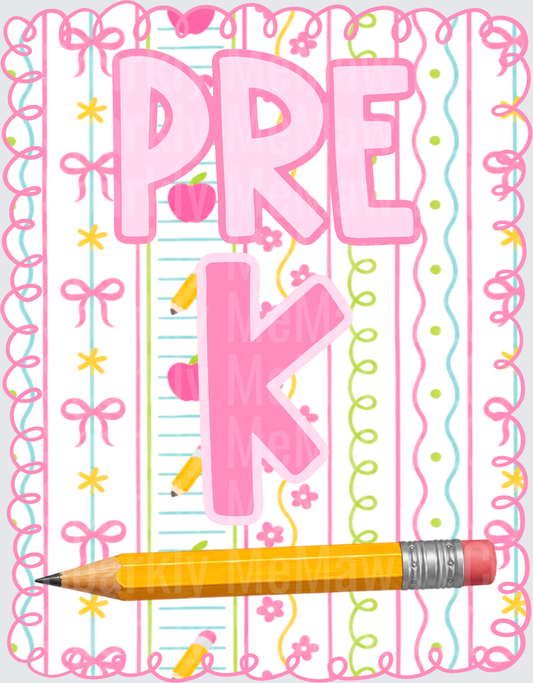 Pre-K School Notebook Paper Design with Yellow Pencil DTF Transfer for Fabric