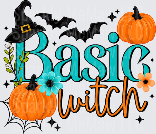 Basic Witch Halloween Teal and Orange Pumpkins Bats Witch Hat Floral Design DTF Transfer for Fabrics