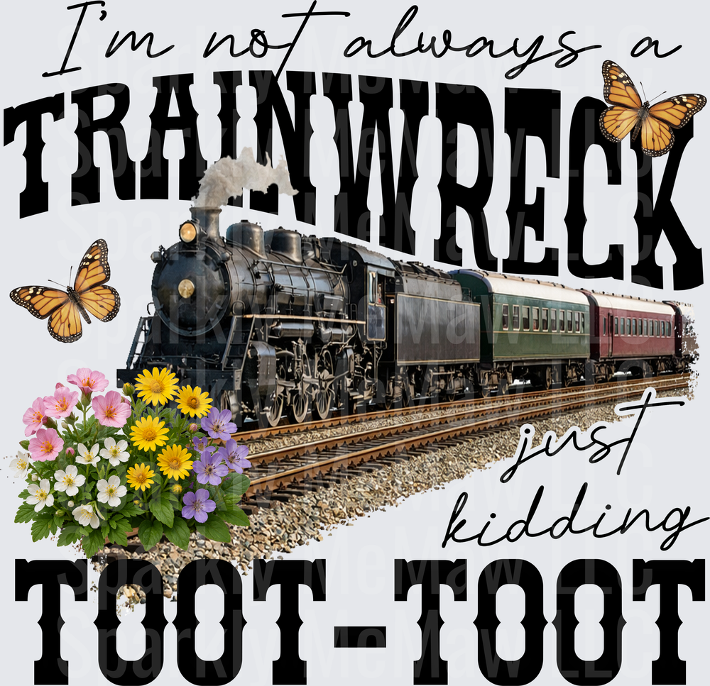 I'm Not Always a Train Wreck Just Kidding Toot Toot Vintage Steam Train with Butterflies and Wildflowers UV DTF Decal