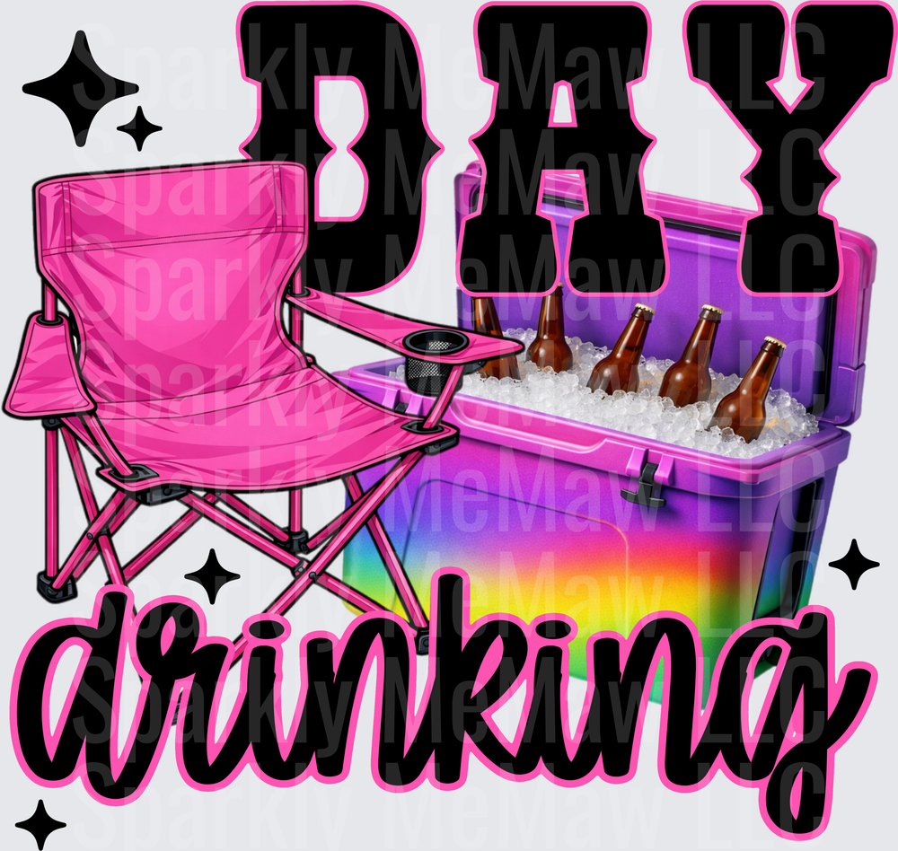 BDAY DRINKING Pink Camping Chair and Rainbow Cooler with Beer Bottles