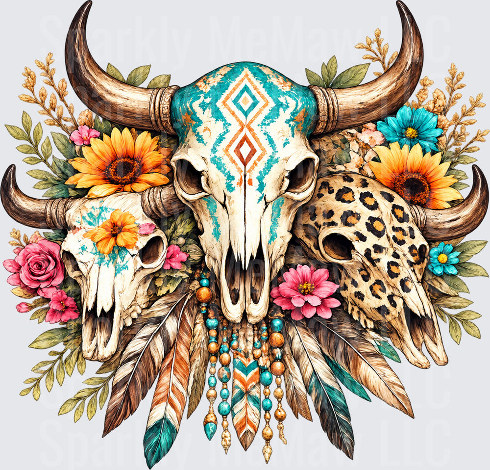 Boho Bull Skull Trio is a DTF Transfer for Fabrics