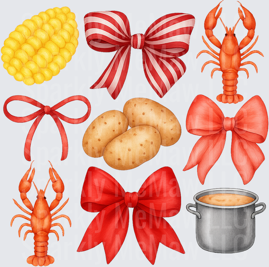 Cajun Crawfish Boil Elements with Red Bows Corn and Potatoes