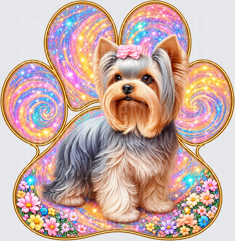 Yorkie Paw Glitter Floral DTF Transfer for Fabrics