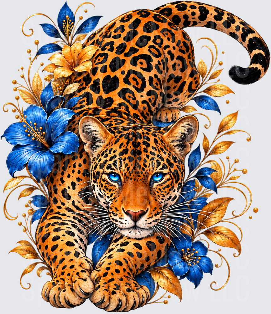 Prowling Leopard Blue Floral this is a UV DTF DECAL (HARD SMOOTH SURFACE)