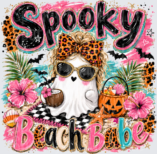 Spooky Beach Babe Halloween Ghost with Leopard Bow Sunglasses Tropical Floral Pumpkin Candy Bucket DTF Transfer for Fabrics
