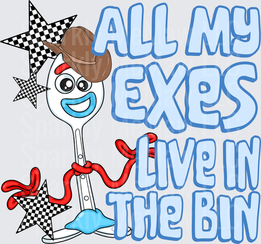 Forky Toy Story Cowboy Hat All My Exes Live In The Bin Checkered Stars DTF Transfer (fabrics)