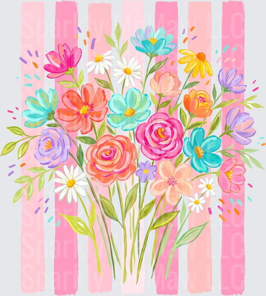 Colorful Watercolor Floral Bouquet on Pink Stripes UV DTF Decal