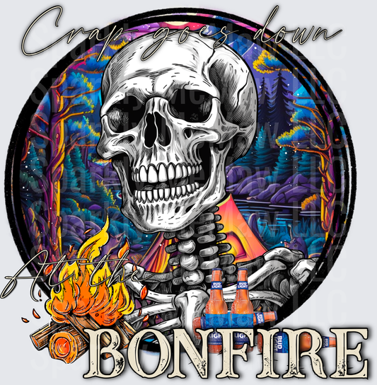 Crazy Goes Down Bonfire Skeleton with Beer Bottles and Campfire Scene UV DTF Decal